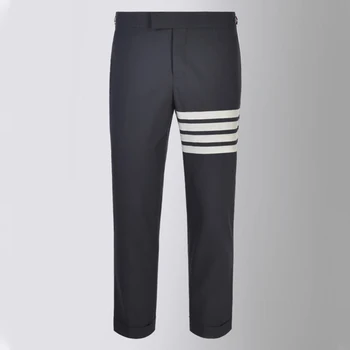 Мужские брюки, весна-осень, модные брендовые брюки для мужчин, белые, в 4-полосную полоску, официальные, повседневные дизайнерские шерстяные брюки, костюмные брюки