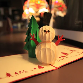 3D Всплывающие Поздравительные открытки с Рождественской елкой и Снеговиком, вырезанные лазером открытки для новогодней вечеринки, Рождественская открытка с конвертом 1