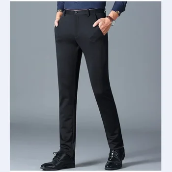 Повседневные костюмные брюки, стрейчевые мужские модельные брюки, Черные темно-синие костюмные брюки, прямые облегающие деловые официальные брюки, плюс размер 40 3