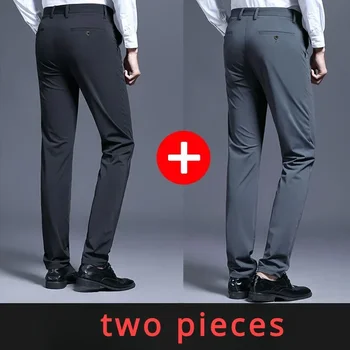 Повседневные костюмные брюки, стрейчевые мужские модельные брюки, Черные темно-синие костюмные брюки, прямые облегающие деловые официальные брюки, плюс размер 40 4