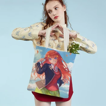 Японская аниме-милая мультяшная девушка, холщовая женская сумка для покупок, женская сумка для покупок с двойным принтом, многоразовая складная дорожная сумка 0