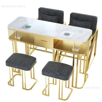 Стол для маникюра с двумя ногтями в скандинавском стиле, салонная мебель, Роскошные столы для маникюра из золотистого железа с пылесосом, столы для маникюра с одним 0