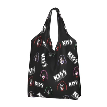 Логотип Kiss Band Rockstar Faces Большие многоразовые сумки для покупок, которые можно стирать в машине, складные продуктовые сумки весом 50 фунтов, сверхпрочные подарочные сумки-тоут 0