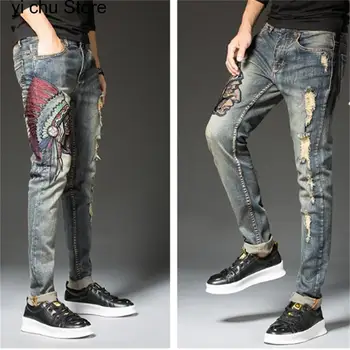 Новые джинсы с вышивкой индийского аватара, мужские Длинные брюки с царапинами, Высокие уличные брюки, Мягкие Красные уши, сине-серый, Тонкий Западный стиль 0