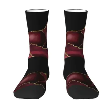 Мужские носки с геометрическим камнем Kawaii Gem Унисекс Удобные теплые носки для экипажа с 3D принтом Бордово-золотой текстуры Агата