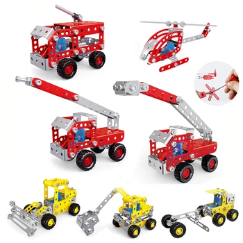 Металлический строительный блок, модель пожарной машины, кран, экскаватор, бульдозер, набор инженерных транспортных средств, игрушка из сплава с винтовой гайкой для мальчика