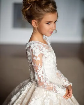 Белые элегантные платья в цветочек для девочек с бантом на свадьбу, Маленькая невеста, принцесса, детское бальное платье с прозрачным вырезом на день рождения, пышная вечеринка 1
