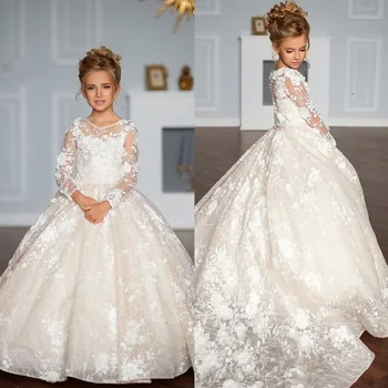 Белые элегантные платья в цветочек для девочек с бантом на свадьбу, Маленькая невеста, принцесса, детское бальное платье с прозрачным вырезом на день рождения, пышная вечеринка 2
